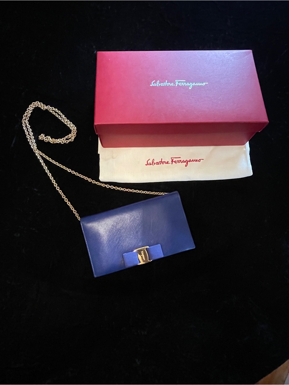 Salvatore Ferragamo Royal Blue Vara Bow Leather Chain Crossbody